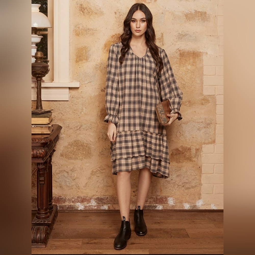 Plaid Midi Dress with Ruffle Hem - Taupe/Black